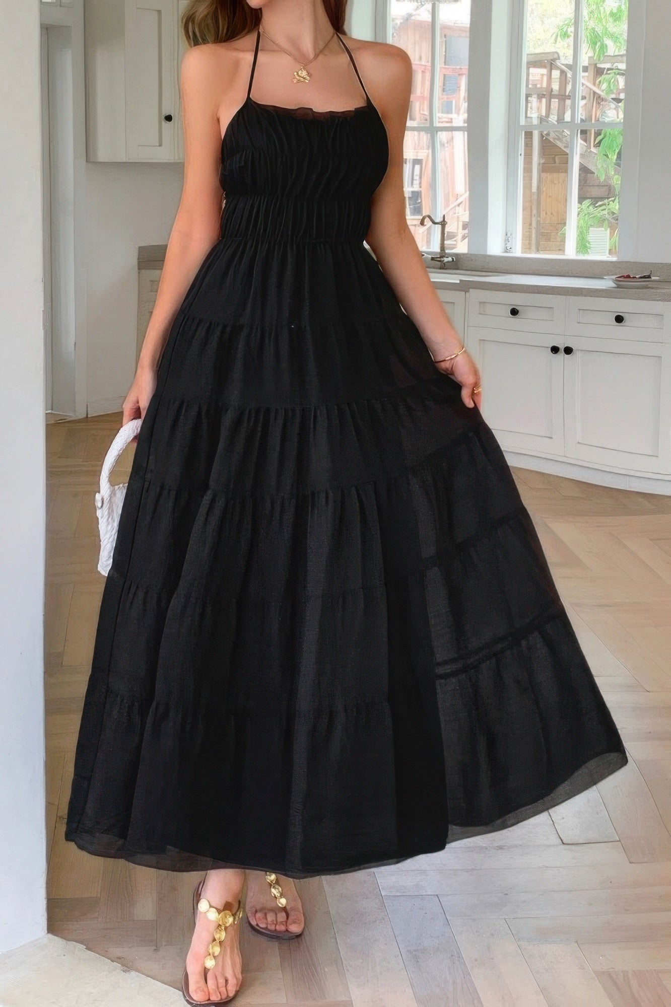 Solid Halter Ruched Textured Tiered Full Dress