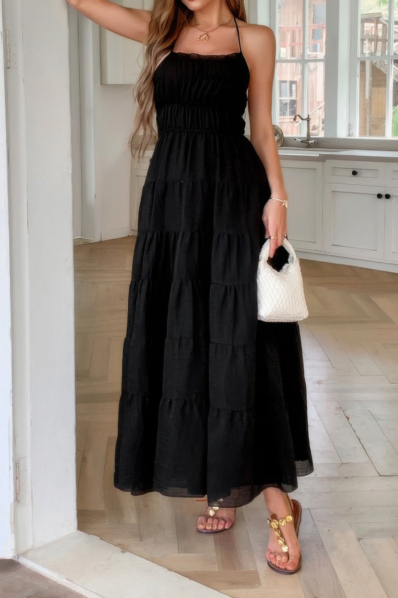 Solid Halter Ruched Textured Tiered Full Dress