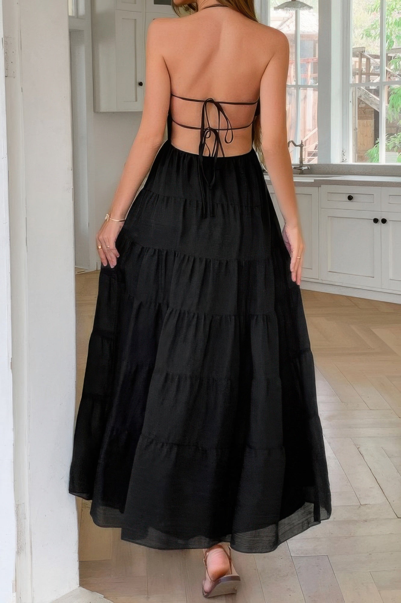 Solid Halter Ruched Textured Tiered Full Dress