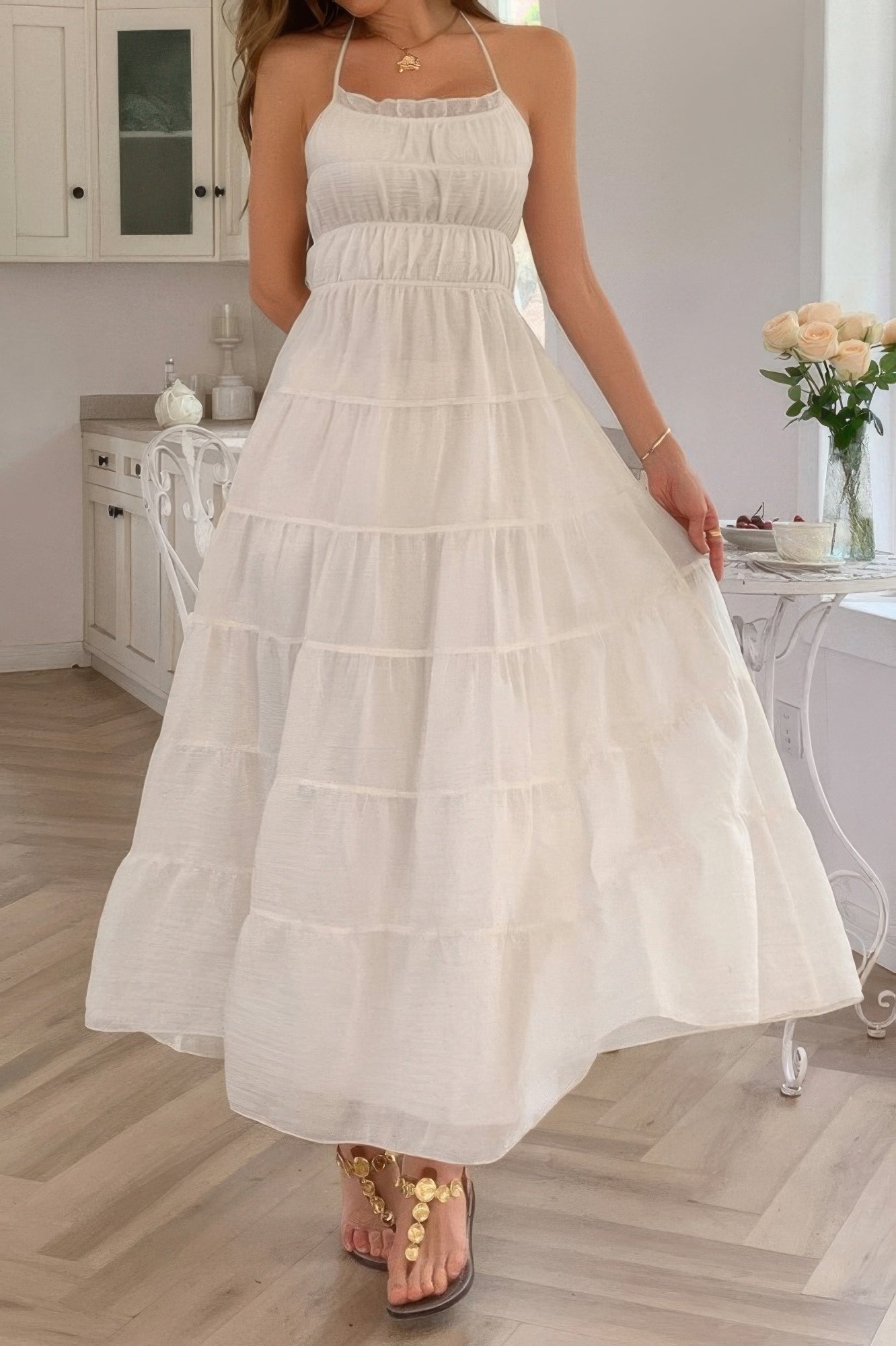Solid Halter Ruched Textured Tiered Full Dress