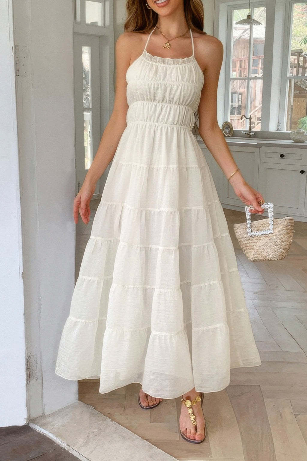 Solid Halter Ruched Textured Tiered Full Dress