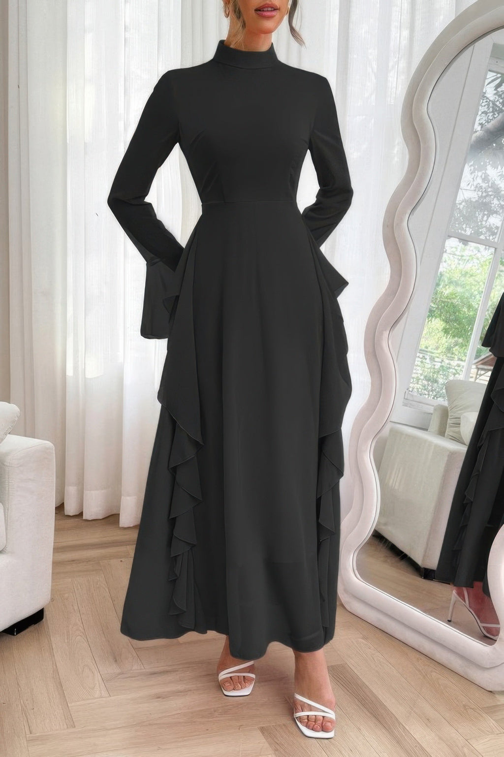 Solid Stand Collar Flare Sleeve Ruffle Full Dress