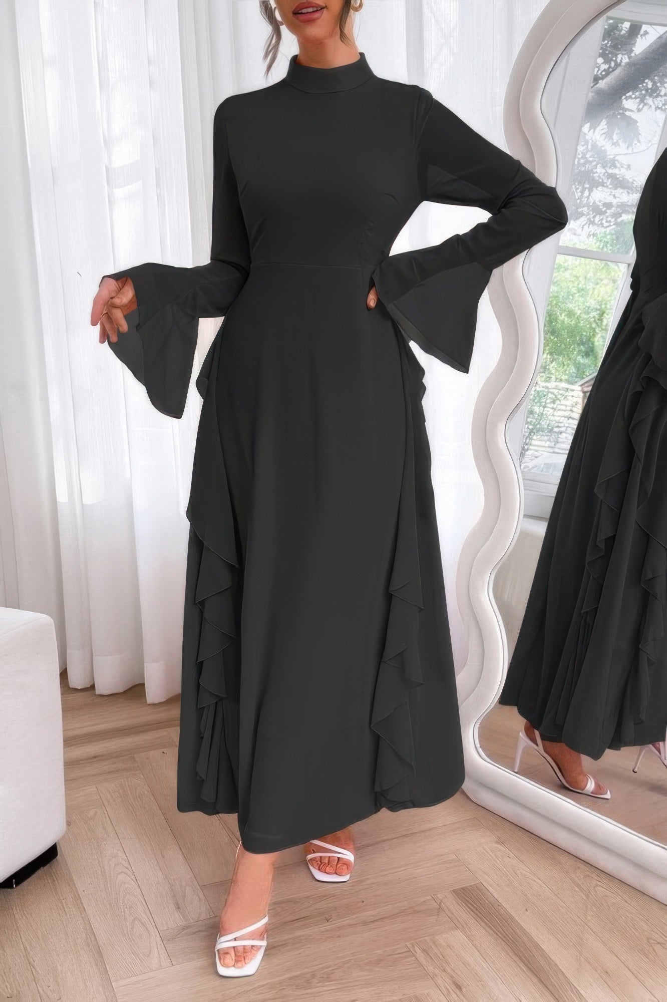 Solid Stand Collar Flare Sleeve Ruffle Full Dress