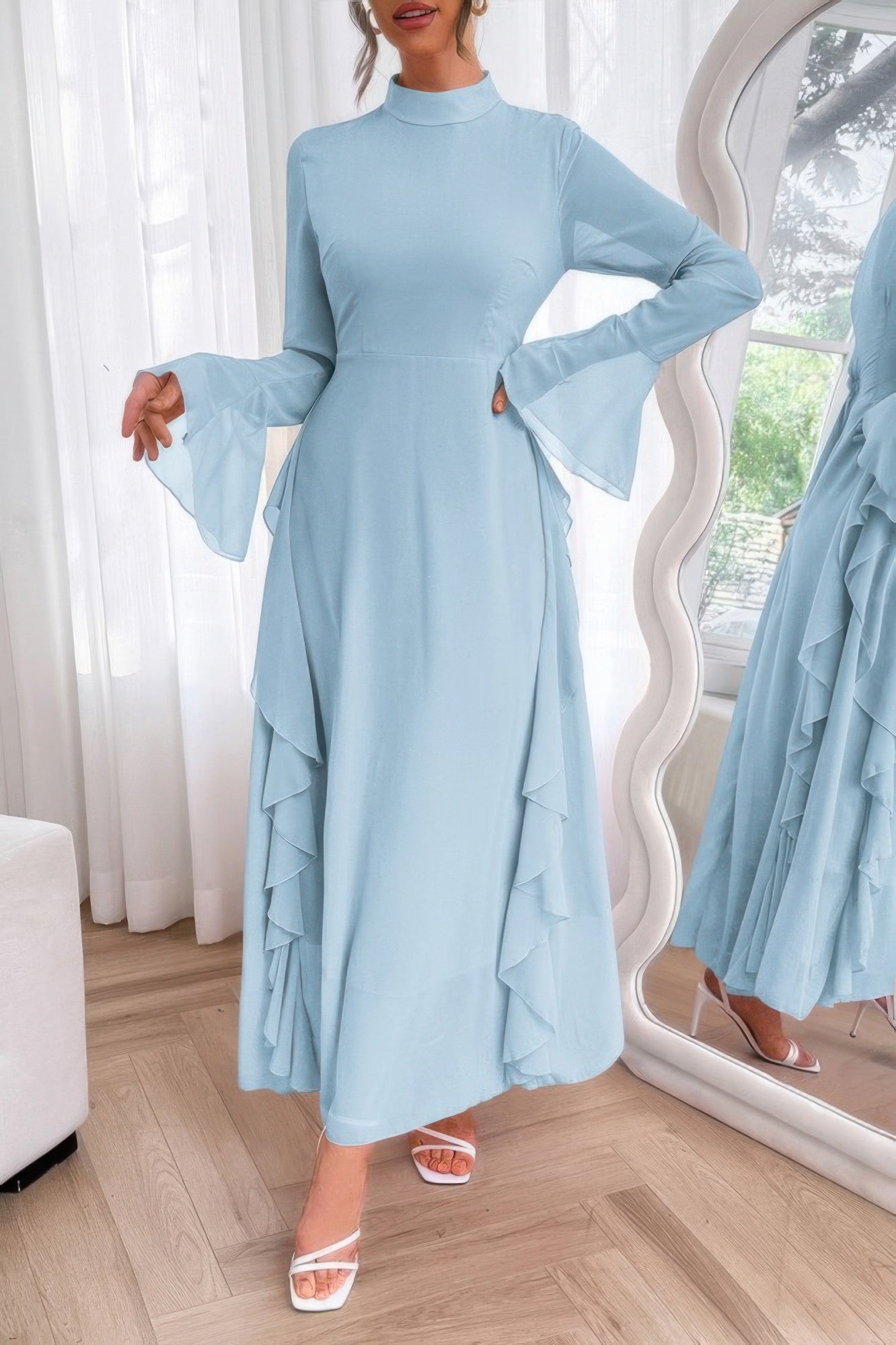 Solid Stand Collar Flare Sleeve Ruffle Full Dress
