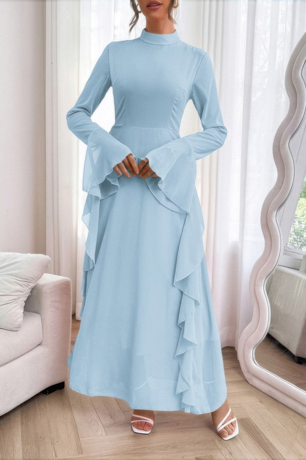 Solid Stand Collar Flare Sleeve Ruffle Full Dress