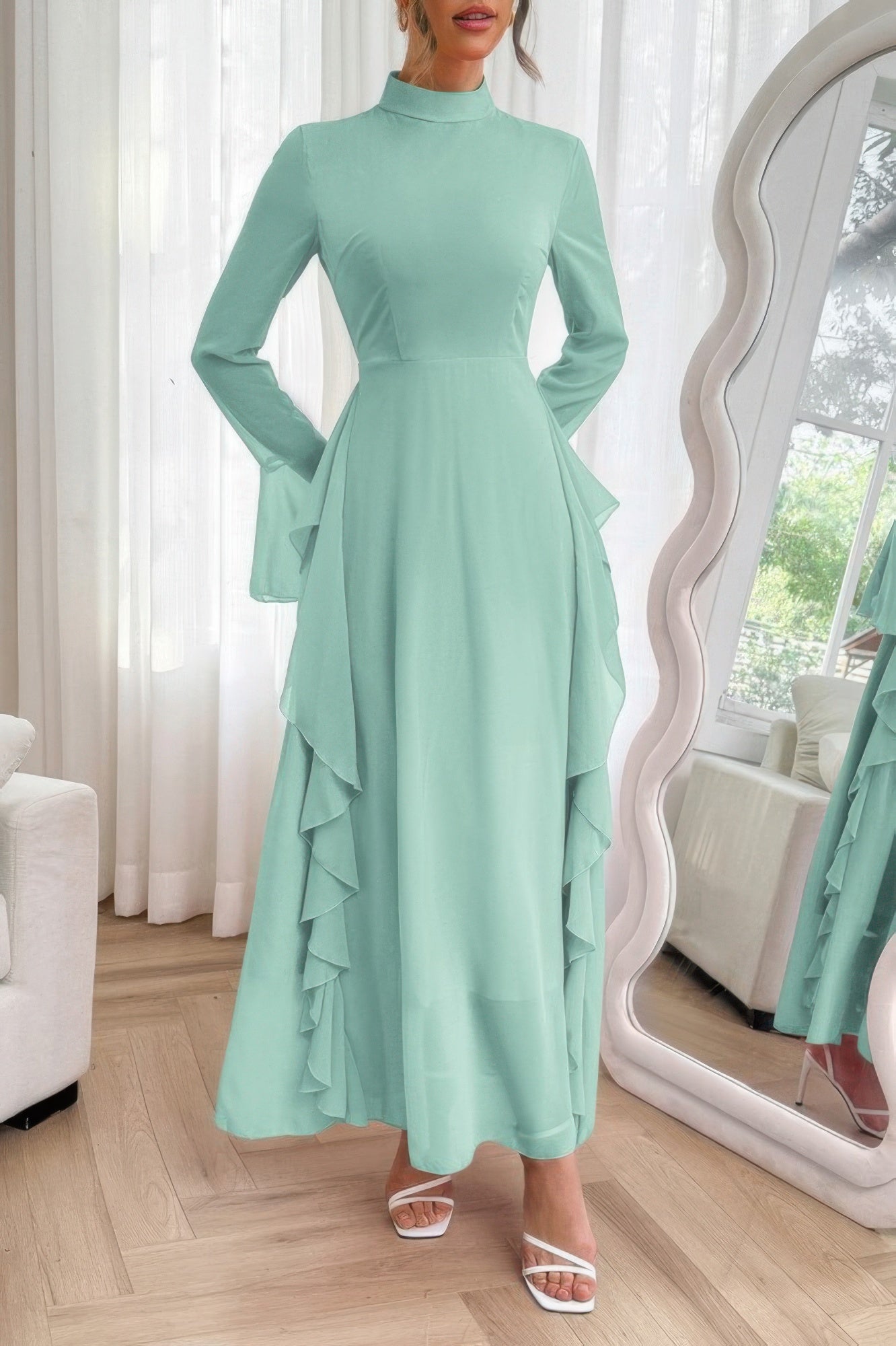 Solid Stand Collar Flare Sleeve Ruffle Full Dress