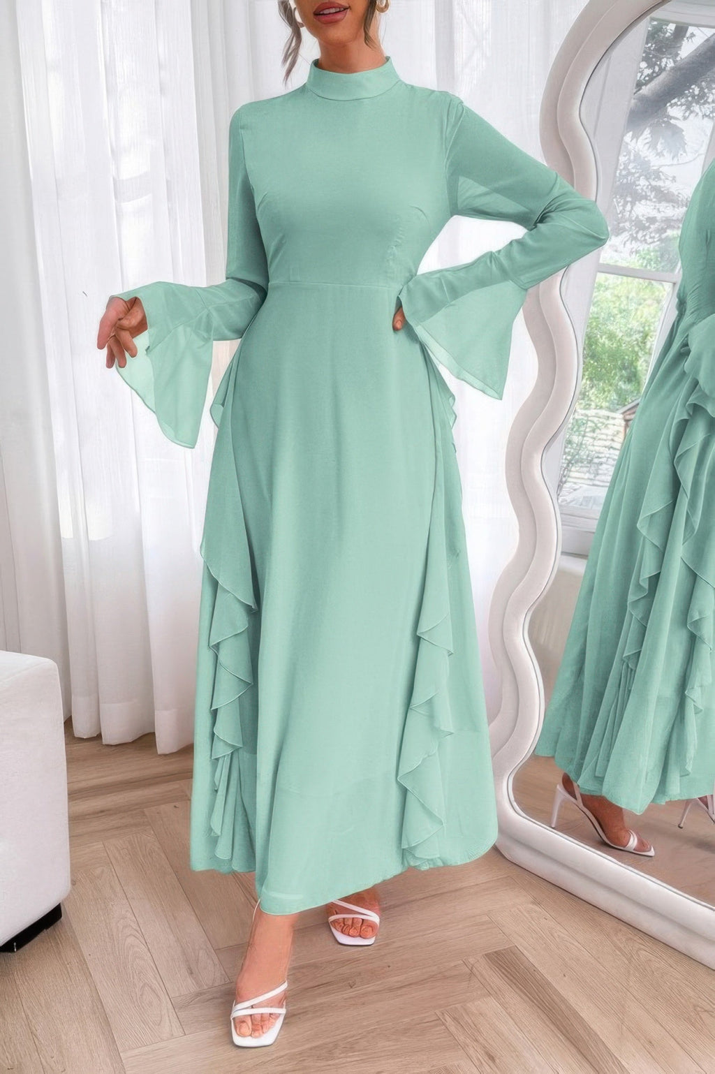 Solid Stand Collar Flare Sleeve Ruffle Full Dress