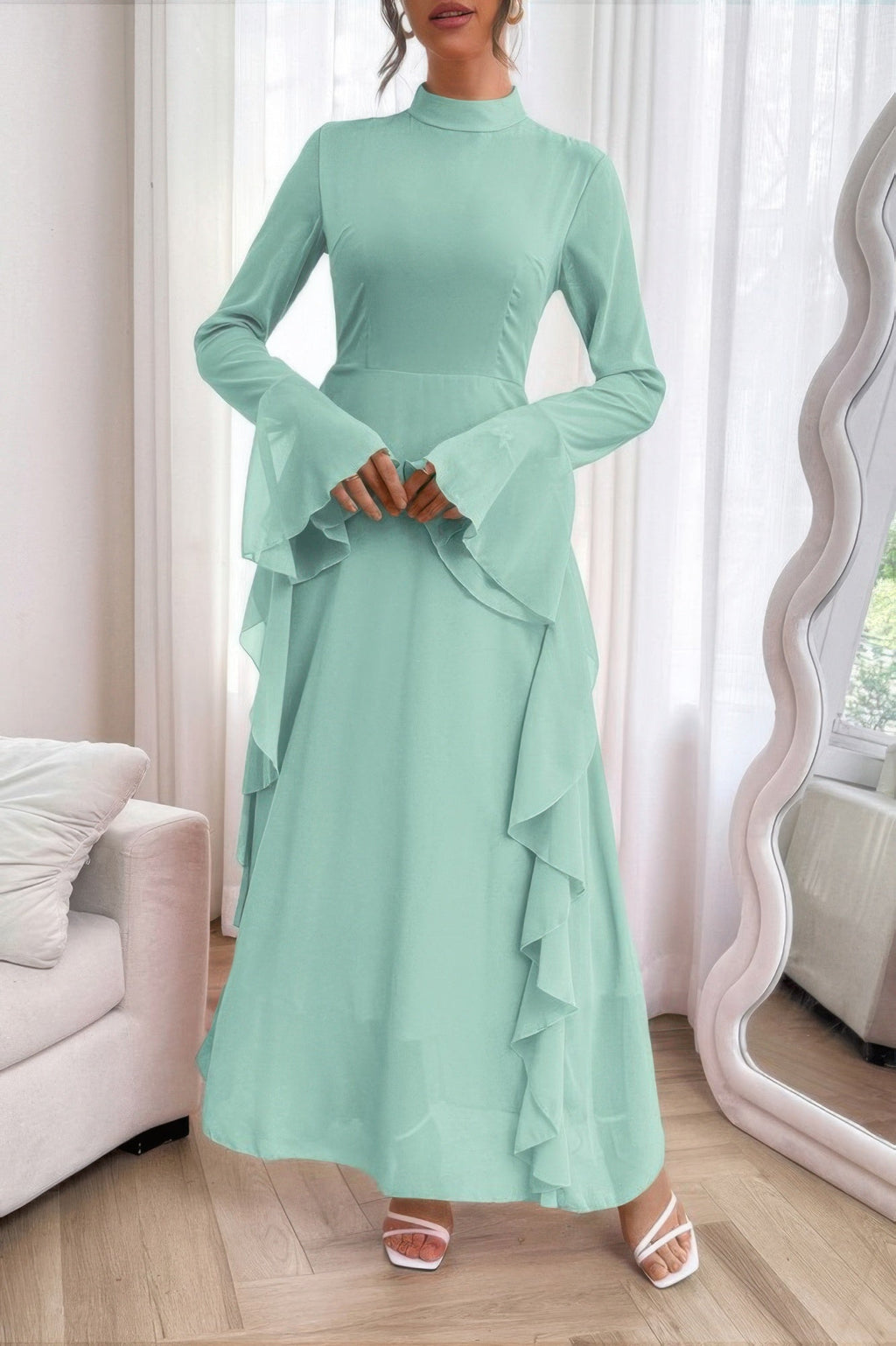 Solid Stand Collar Flare Sleeve Ruffle Full Dress
