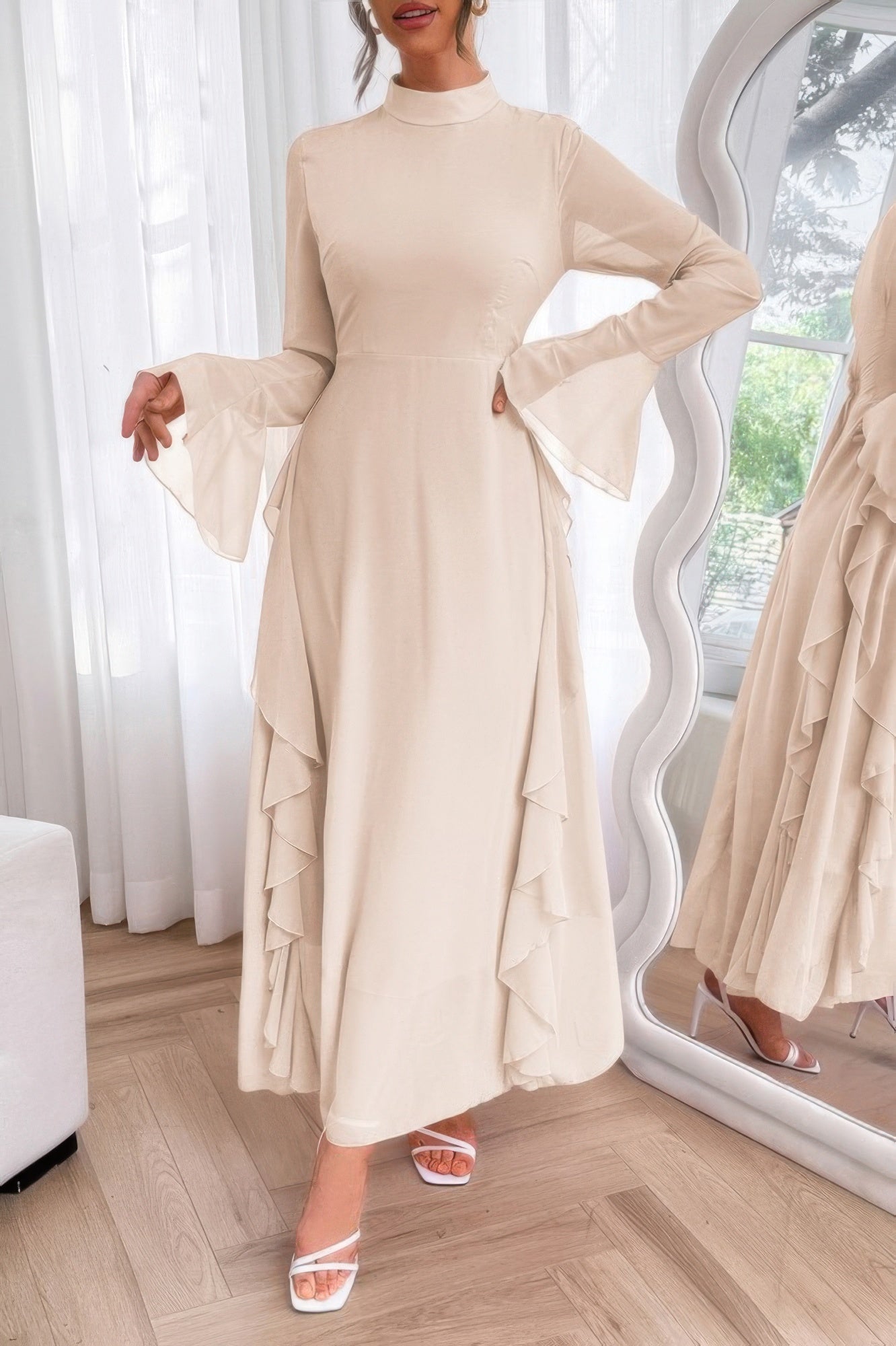 Solid Stand Collar Flare Sleeve Ruffle Full Dress