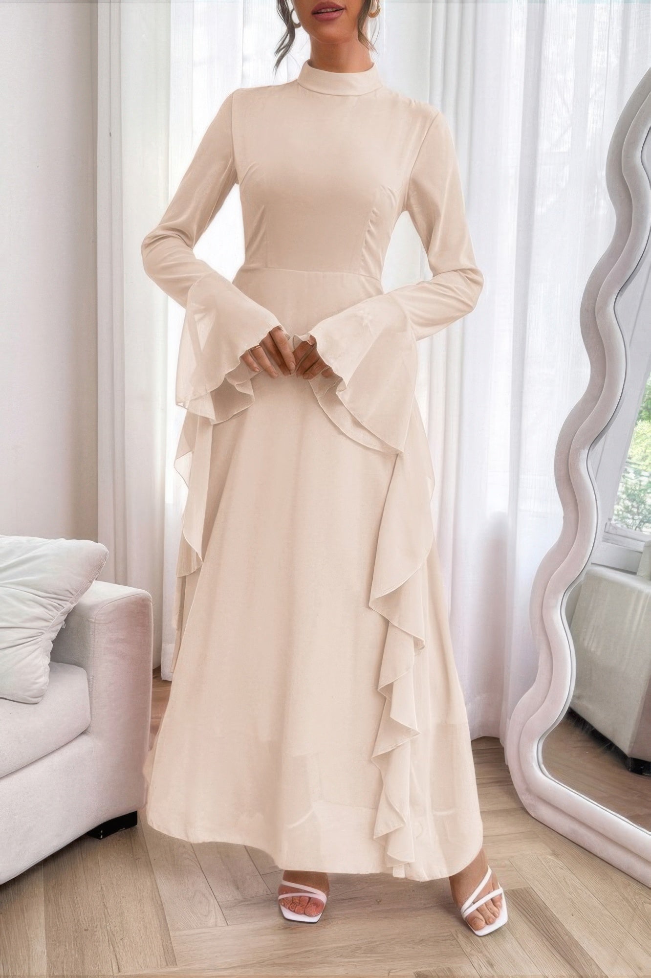 Solid Stand Collar Flare Sleeve Ruffle Full Dress