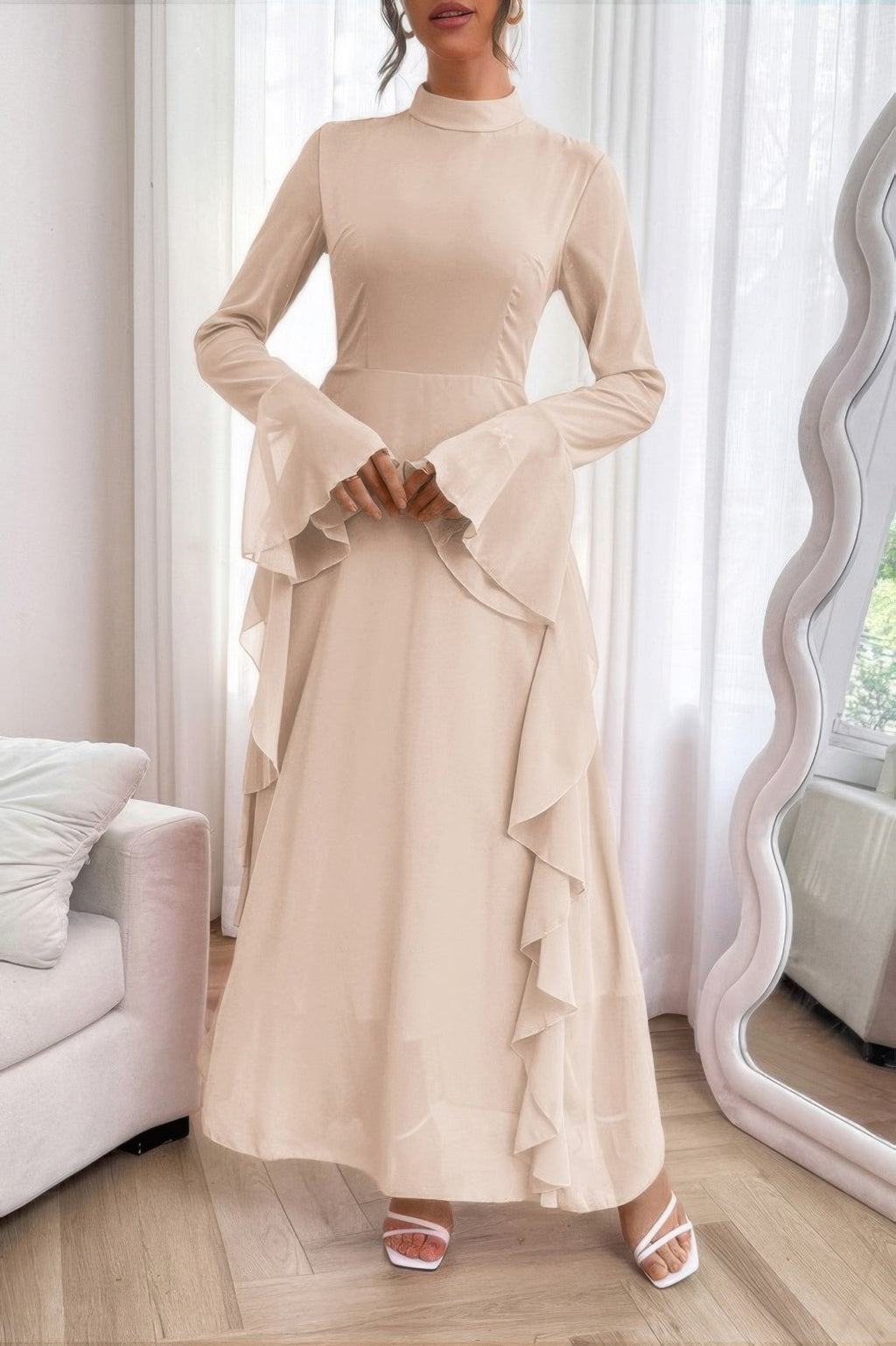 Solid Stand Collar Flare Sleeve Ruffle Full Dress