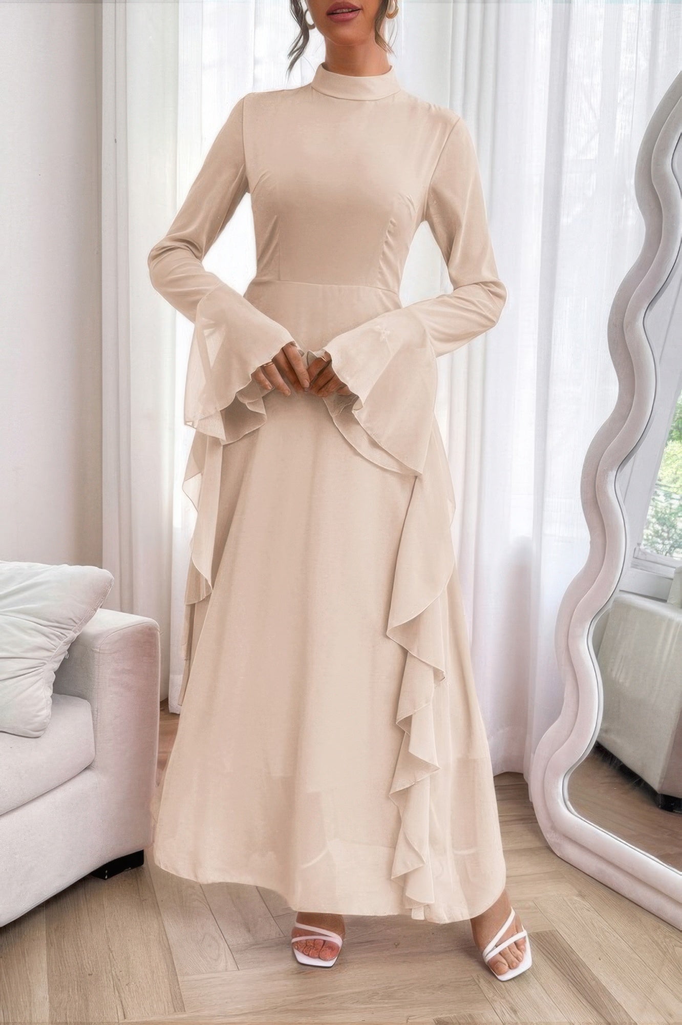 Solid Stand Collar Flare Sleeve Ruffle Full Dress