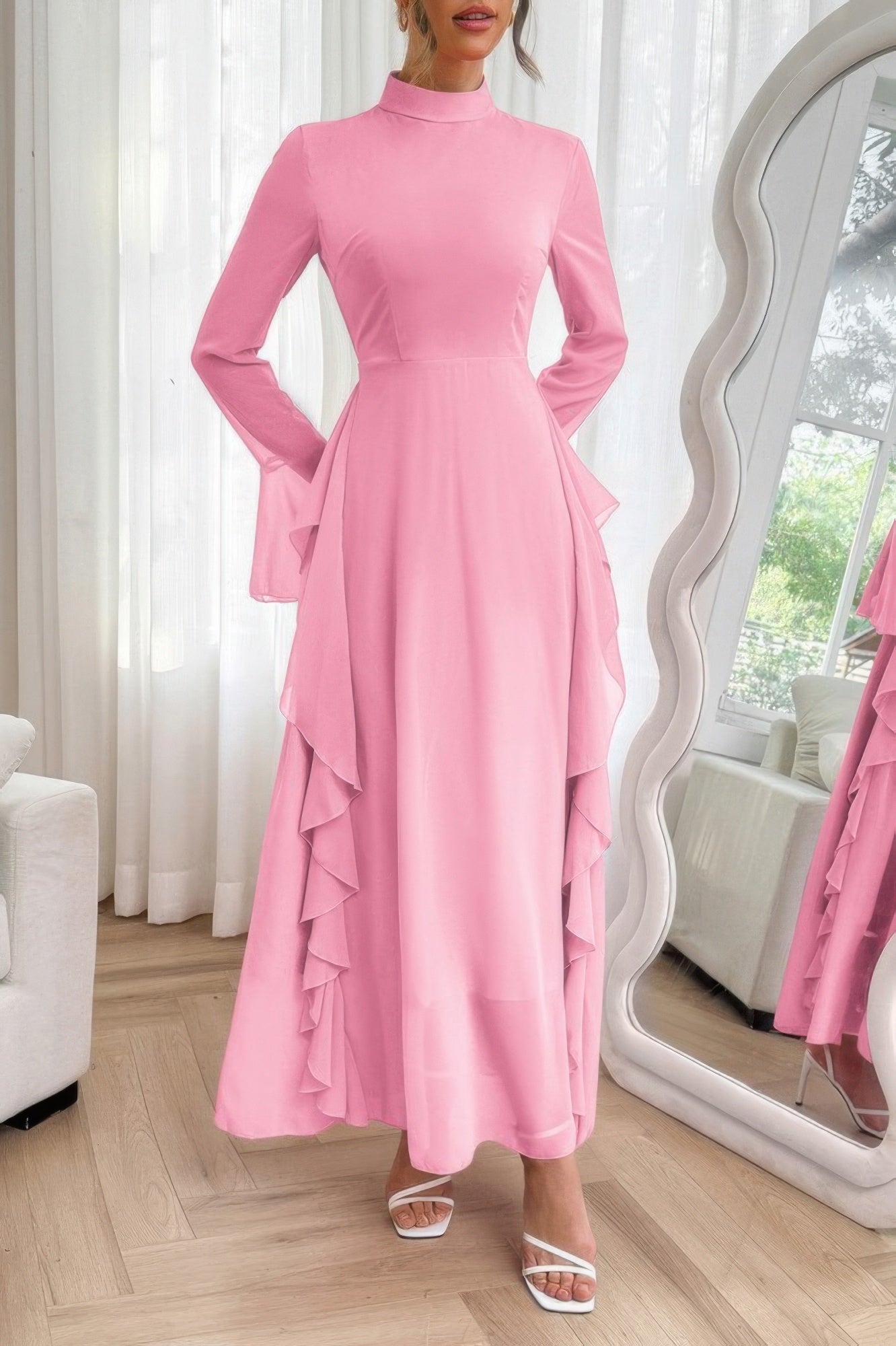 Solid Stand Collar Flare Sleeve Ruffle Full Dress