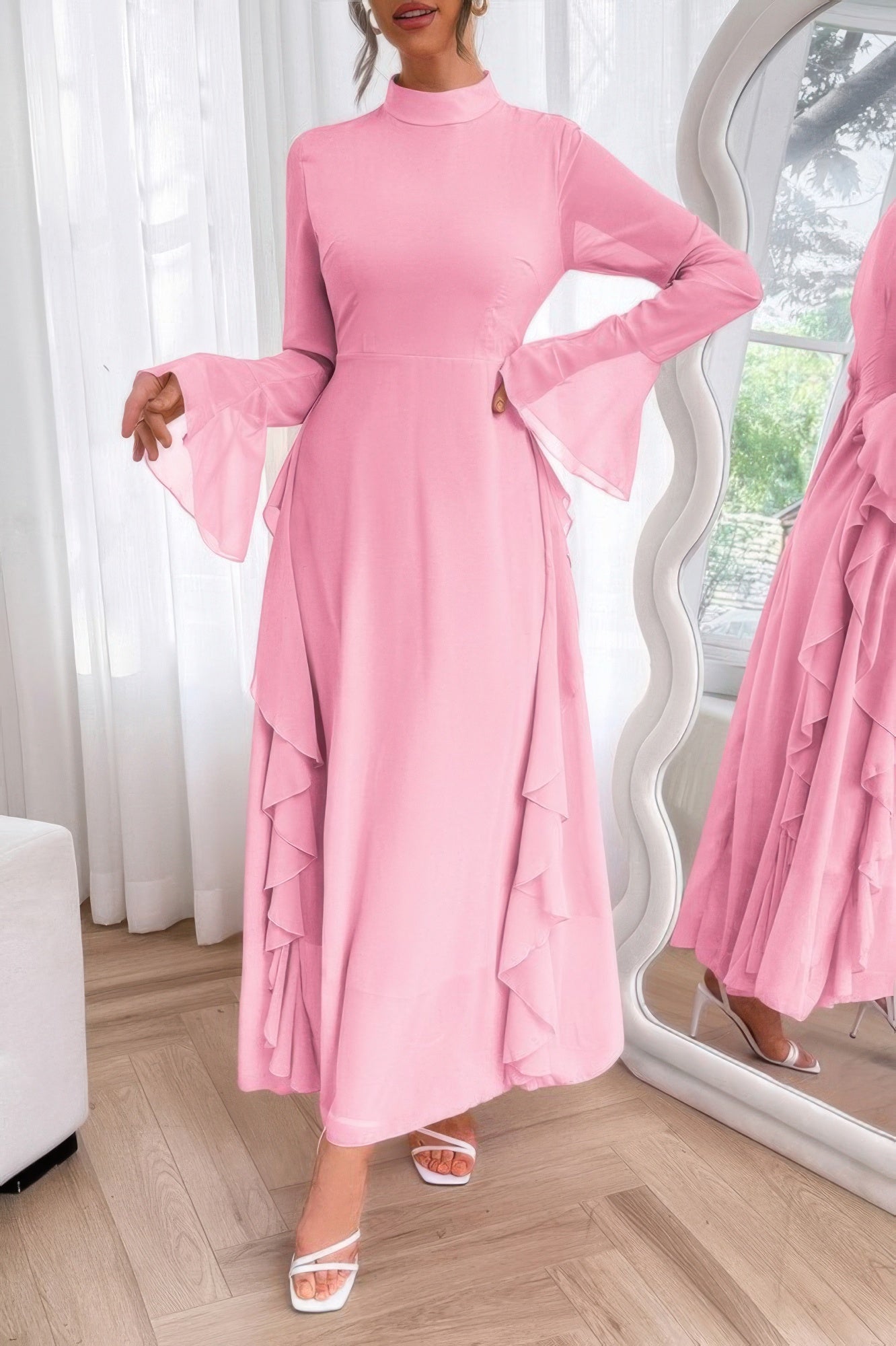 Solid Stand Collar Flare Sleeve Ruffle Full Dress