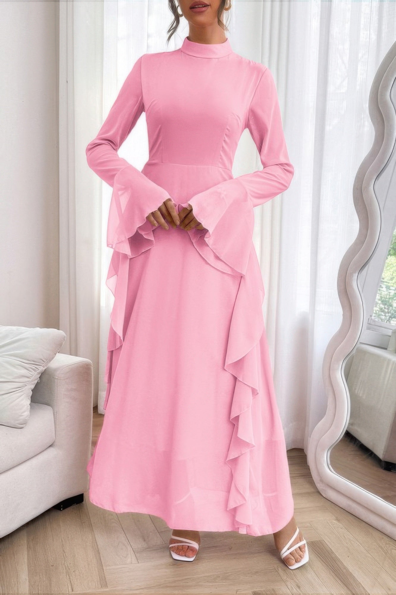 Solid Stand Collar Flare Sleeve Ruffle Full Dress
