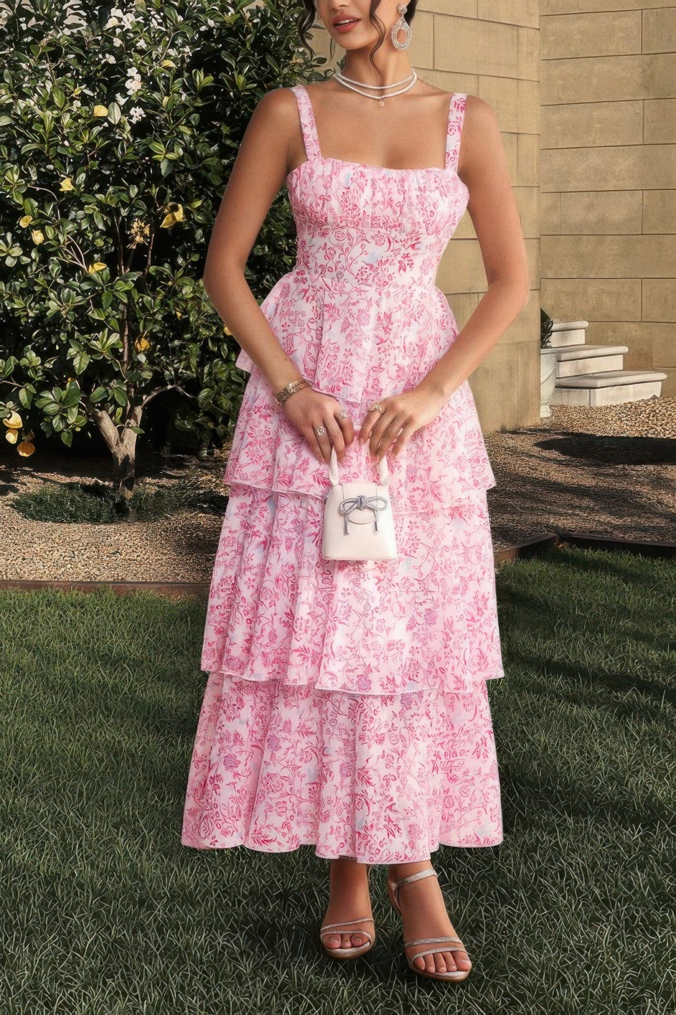 Floral Sleeveless Tie Back Tiered Full Dress