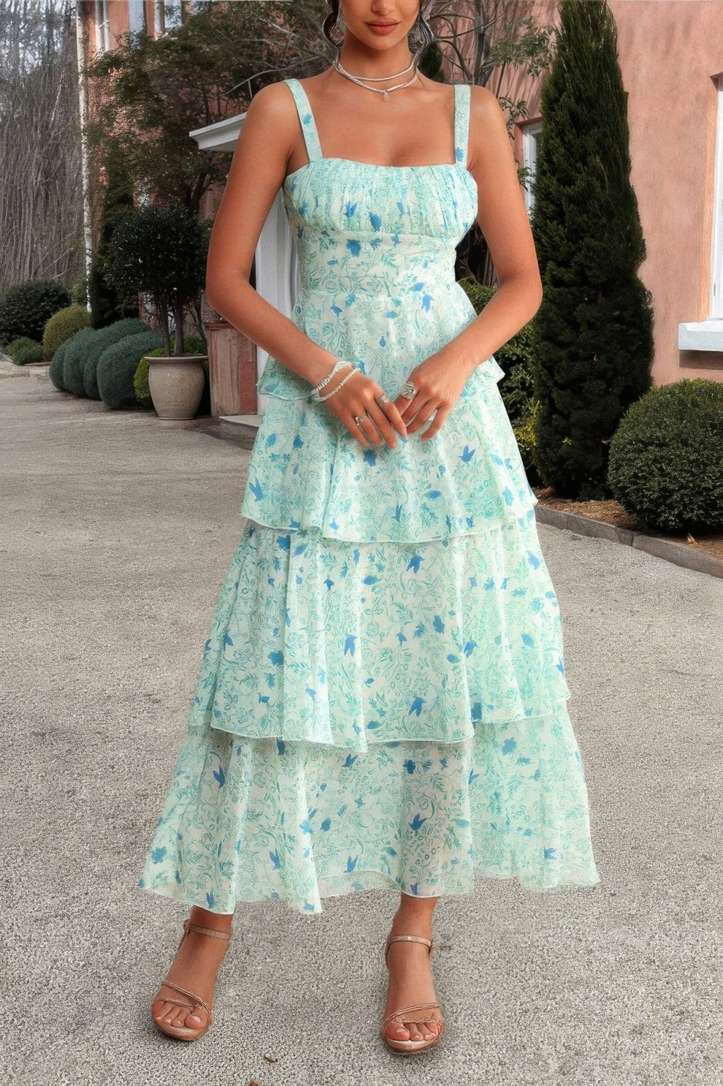 Floral Sleeveless Tie Back Tiered Full Dress