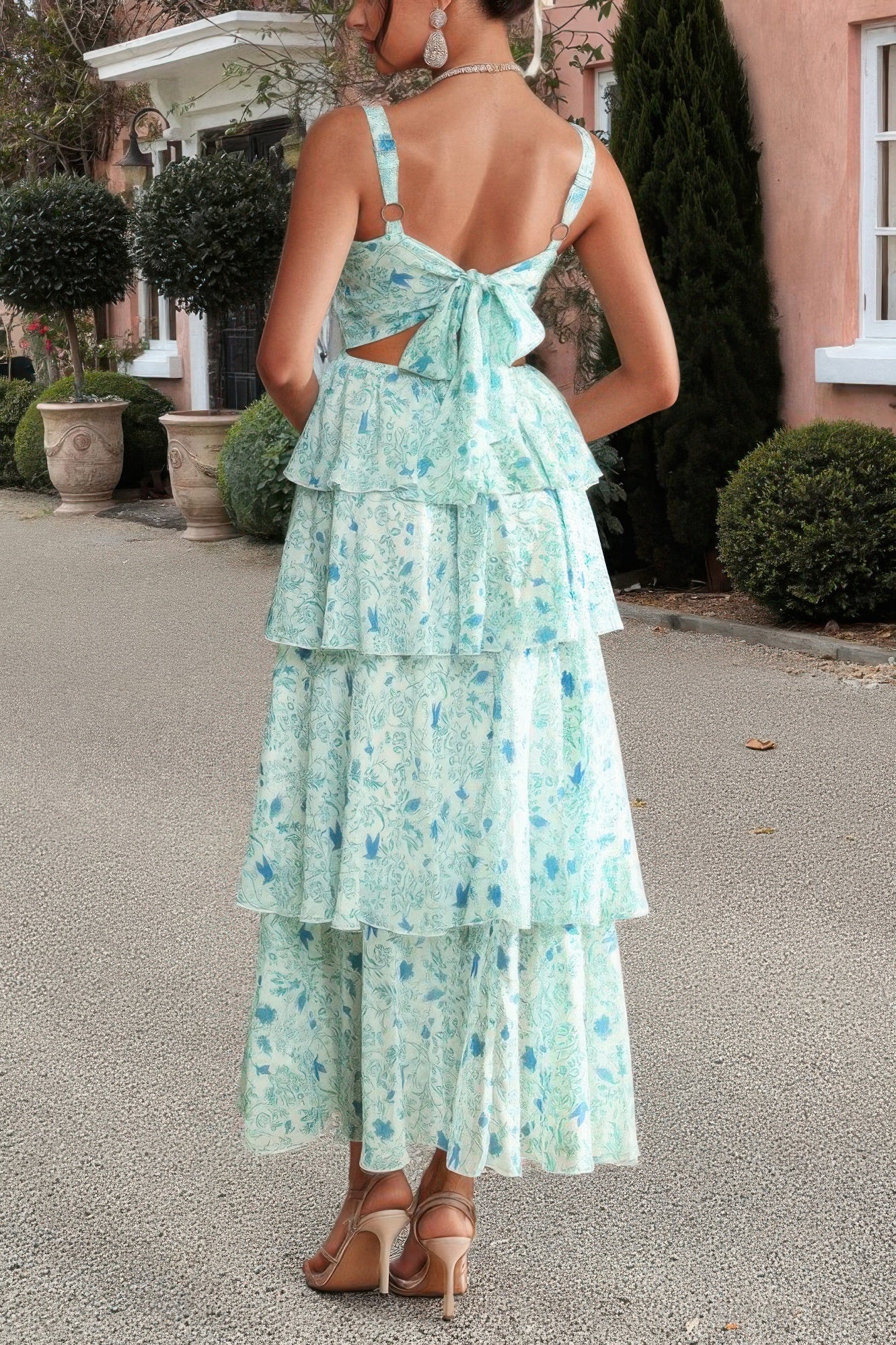 Floral Sleeveless Tie Back Tiered Full Dress