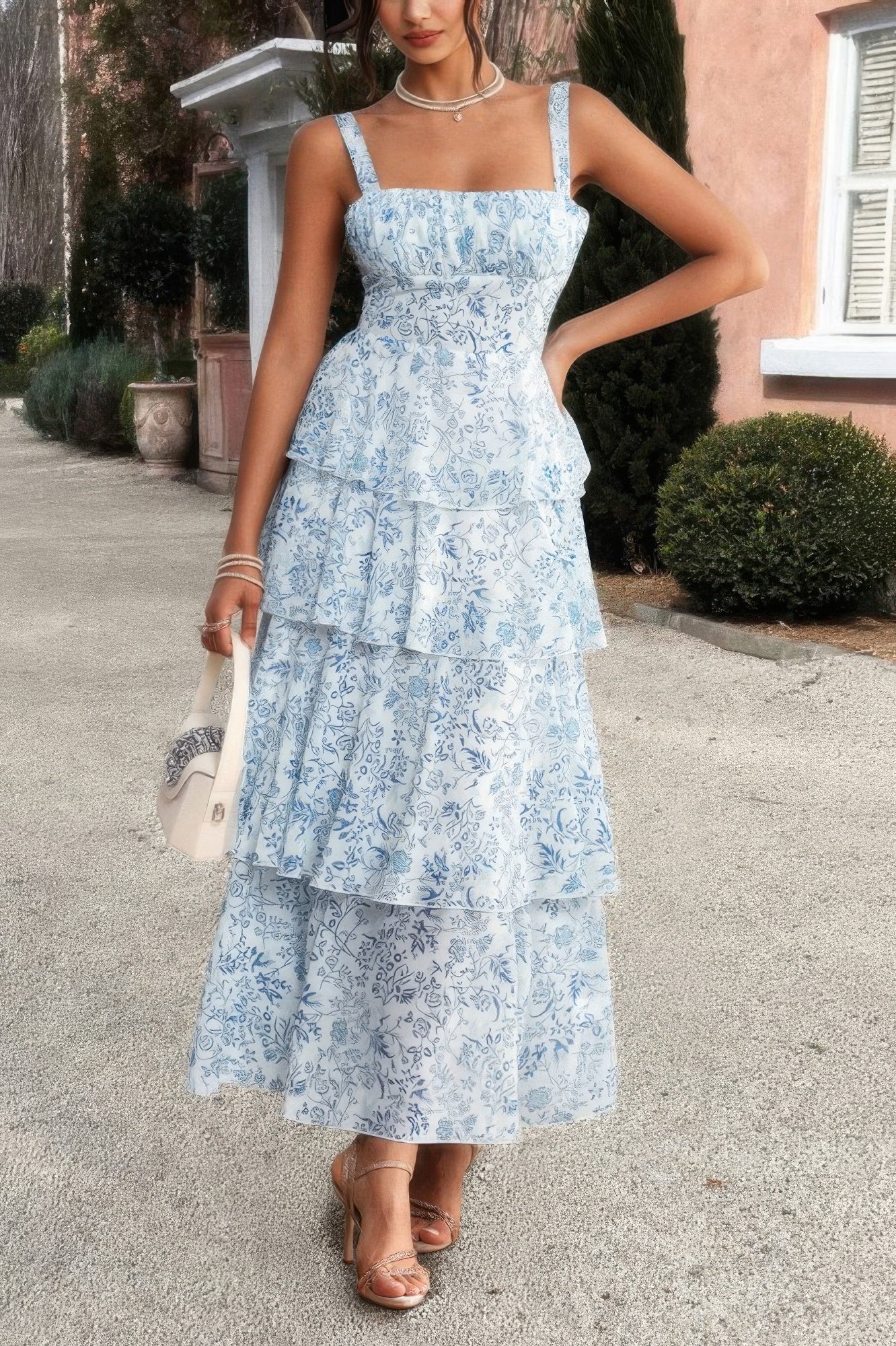 Floral Sleeveless Tie Back Tiered Full Dress