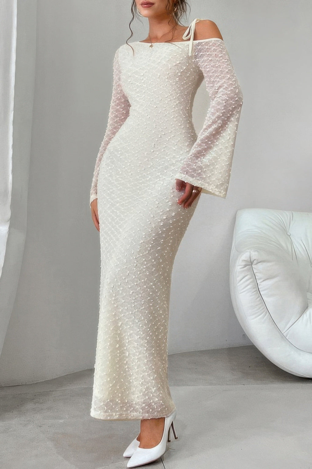 Solid Off Shoulder Bodycon Long Sleeve Dress