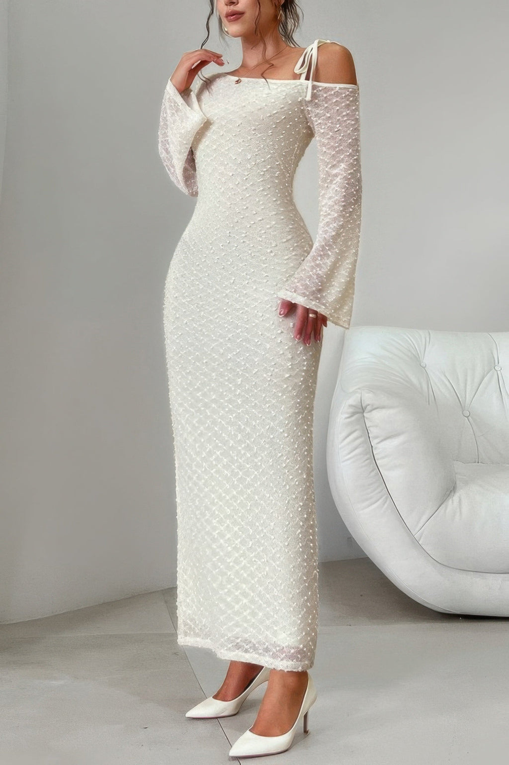 Solid Off Shoulder Bodycon Long Sleeve Dress