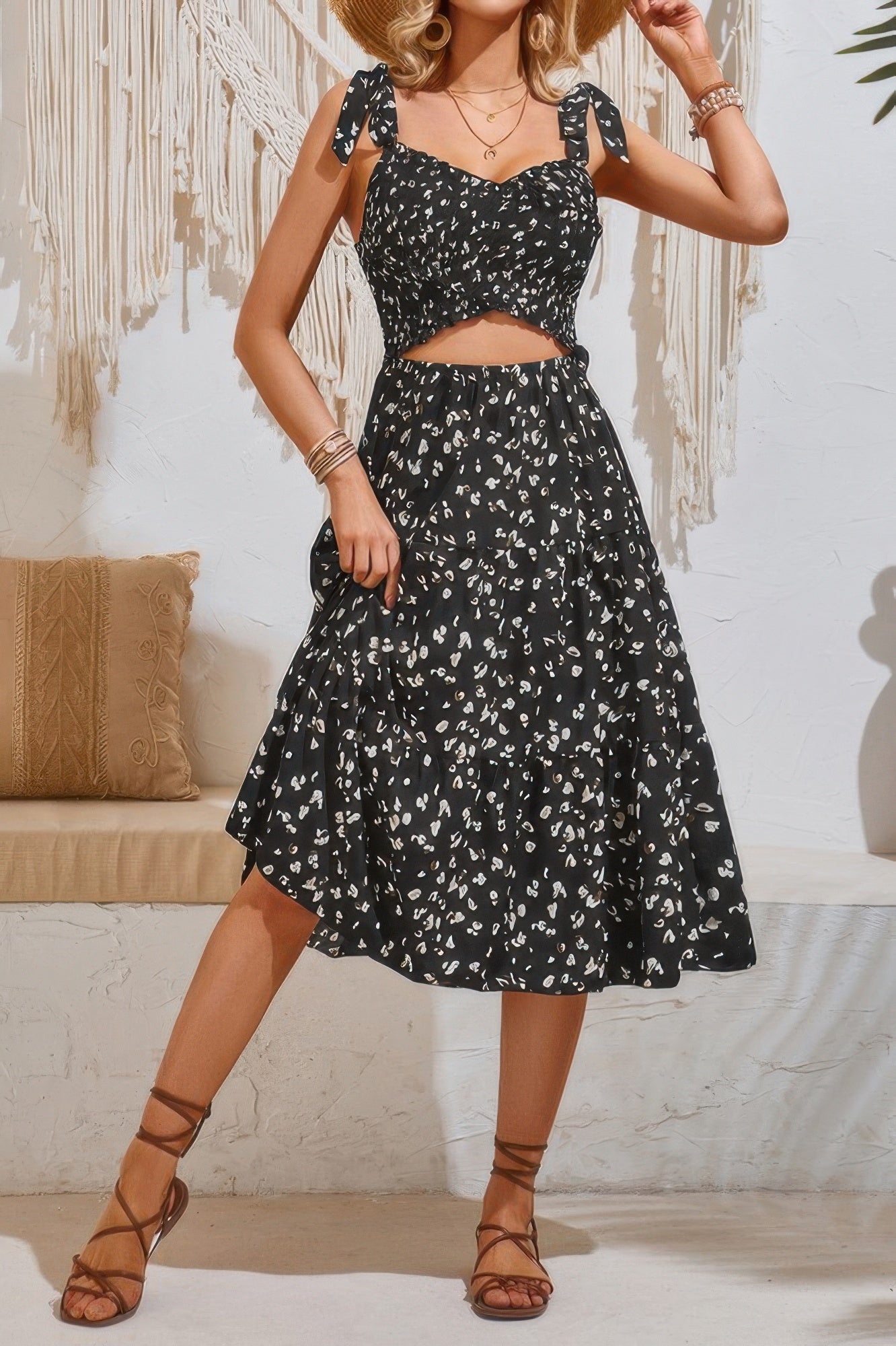 Square Neck Leopard Cut Out Elastic Waist Dress