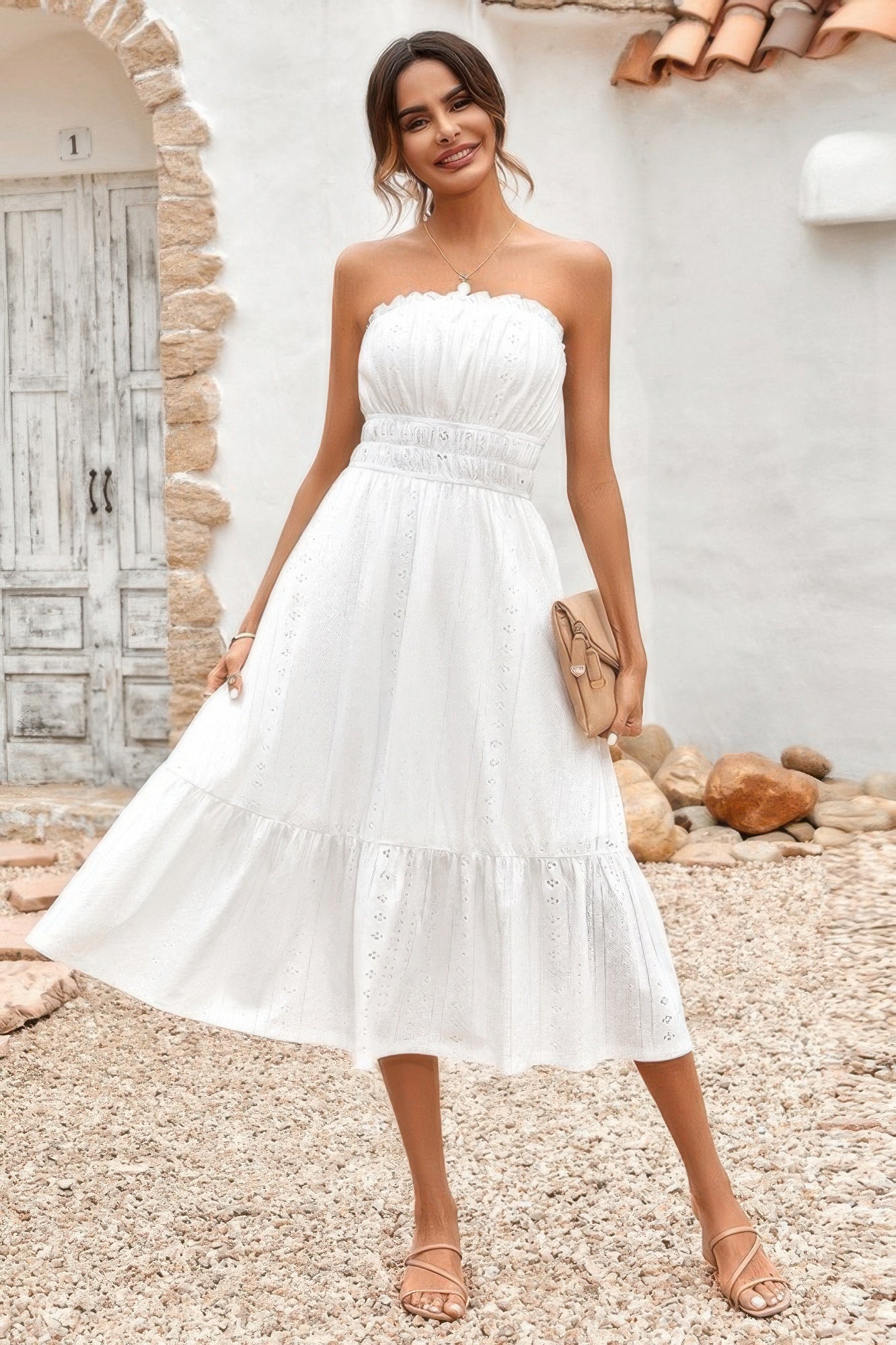 Solid Off Shoulder Elastic Waist Ruffle Dress