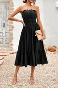 Solid Off Shoulder Elastic Waist Ruffle Dress