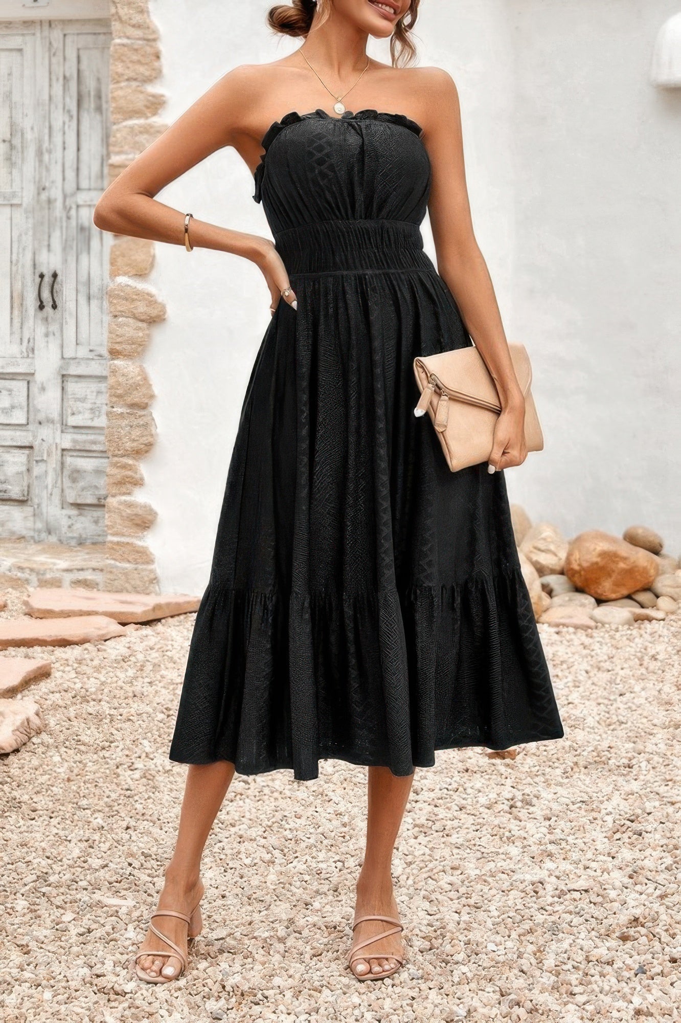 Solid Off Shoulder Elastic Waist Ruffle Dress