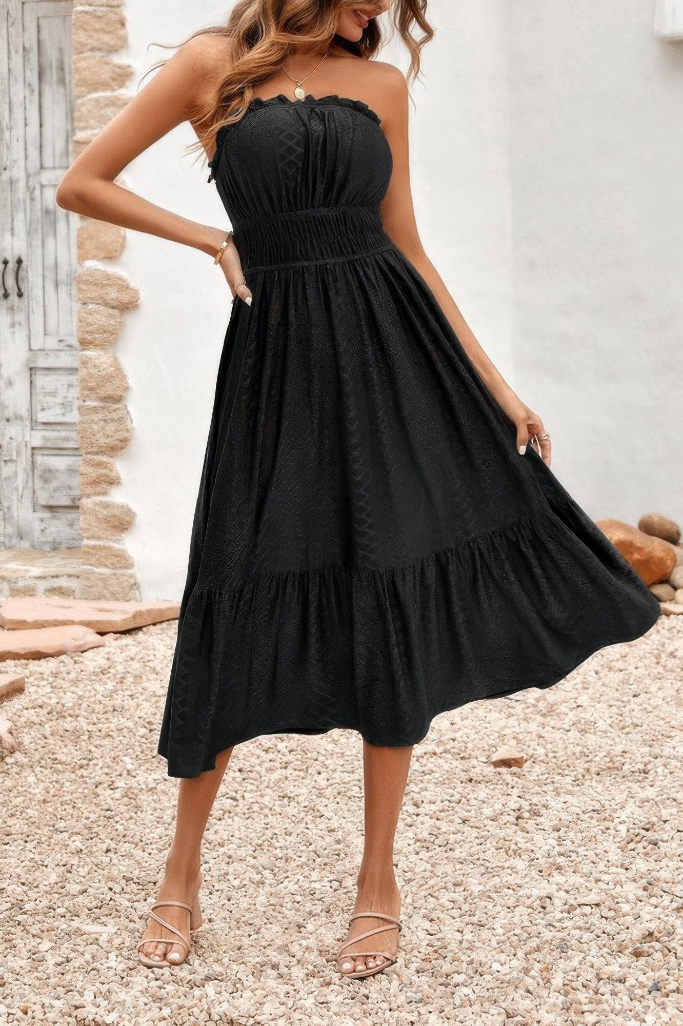 Solid Off Shoulder Elastic Waist Ruffle Dress
