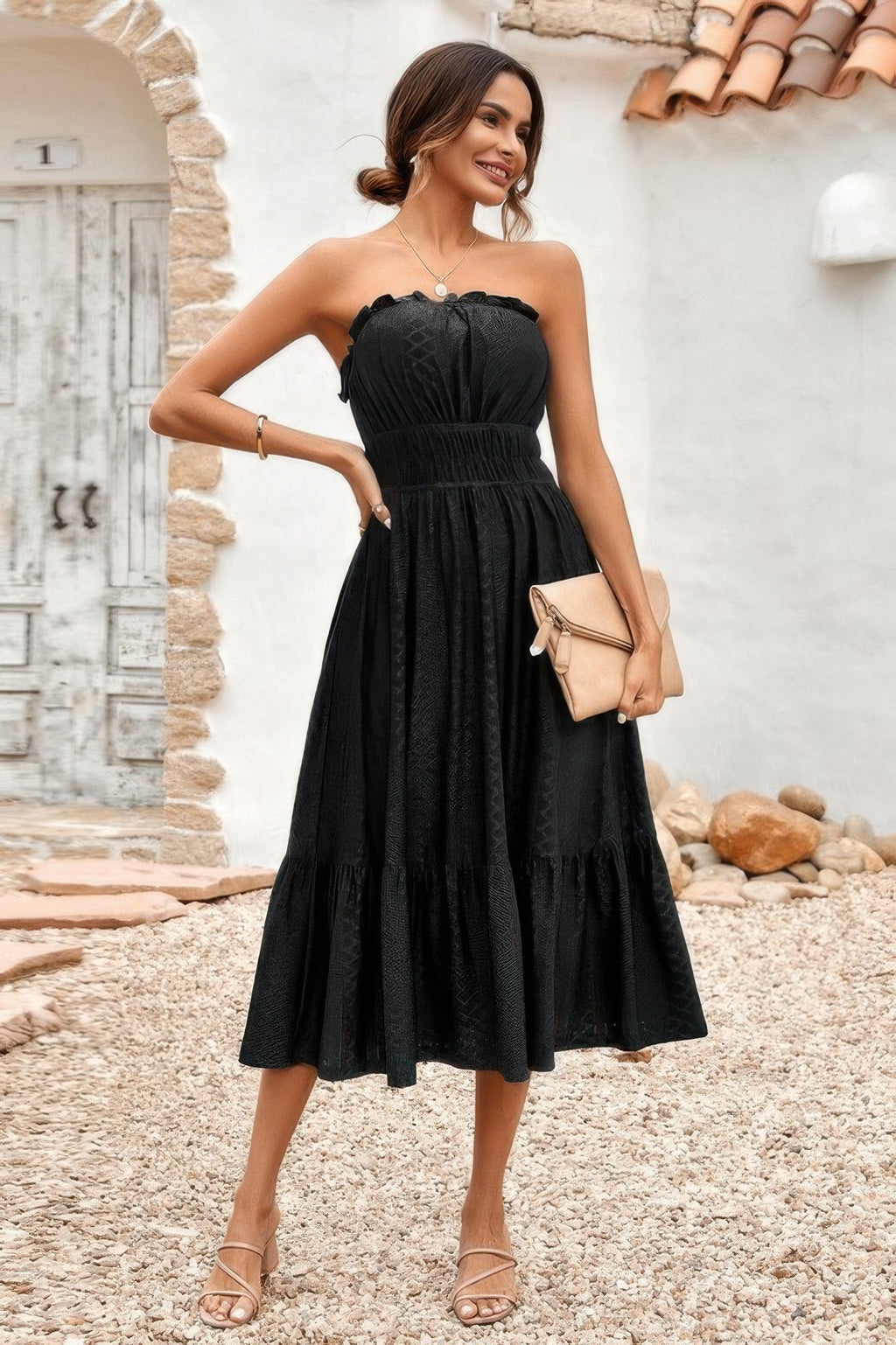 Solid Off Shoulder Elastic Waist Ruffle Dress