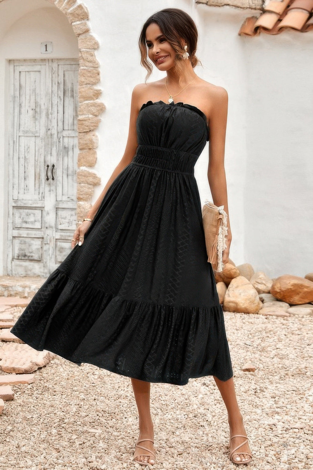 Solid Off Shoulder Elastic Waist Ruffle Dress