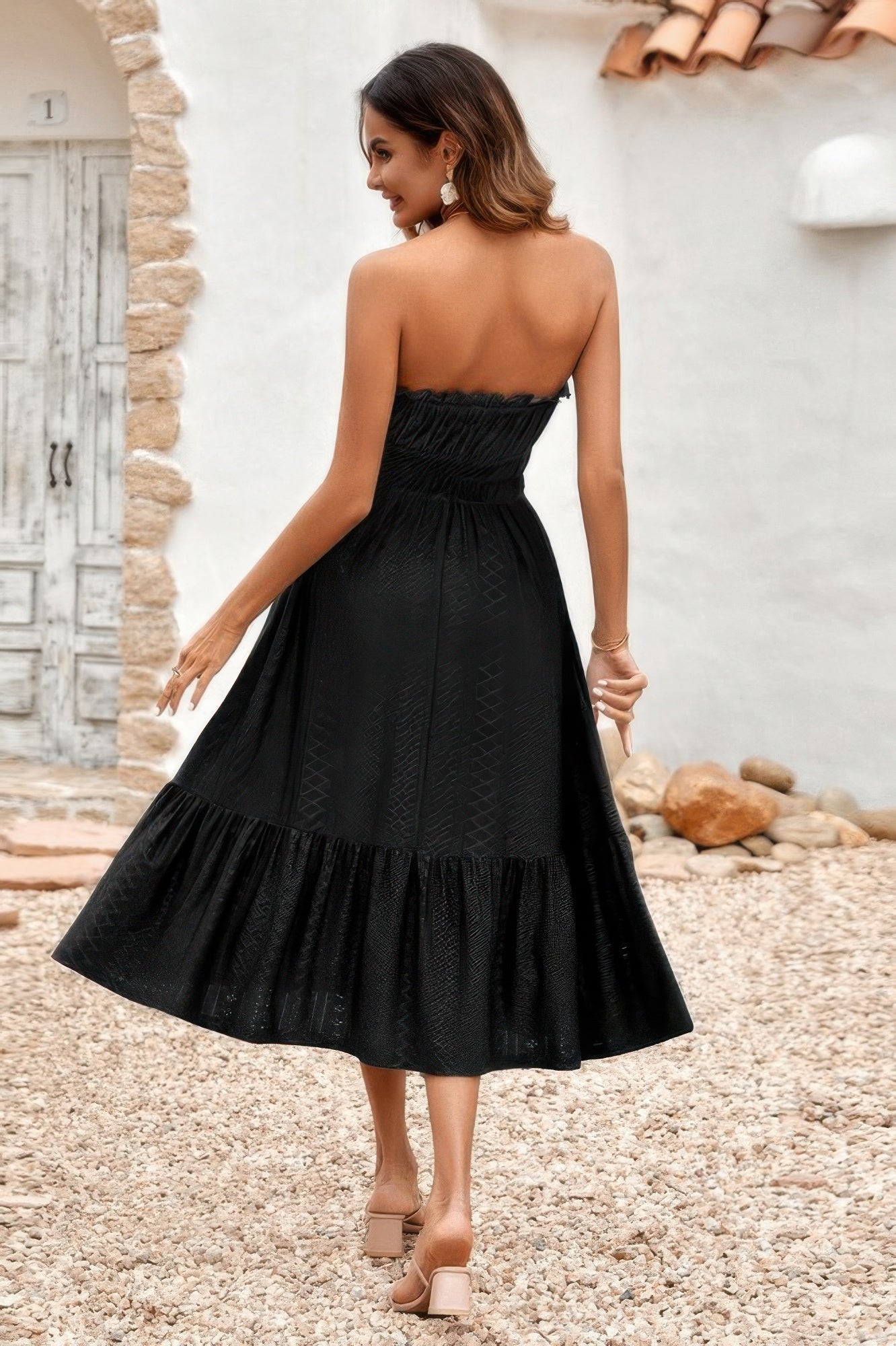 Solid Off Shoulder Elastic Waist Ruffle Dress
