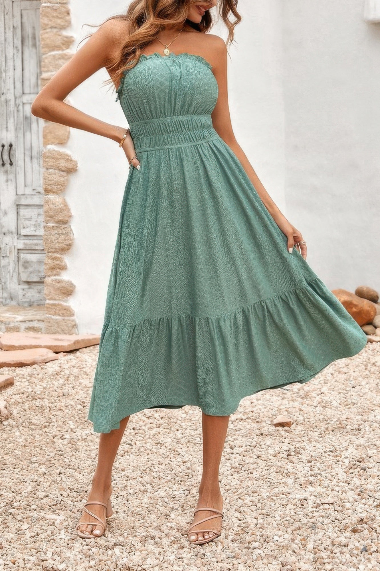 Solid Off Shoulder Elastic Waist Ruffle Dress
