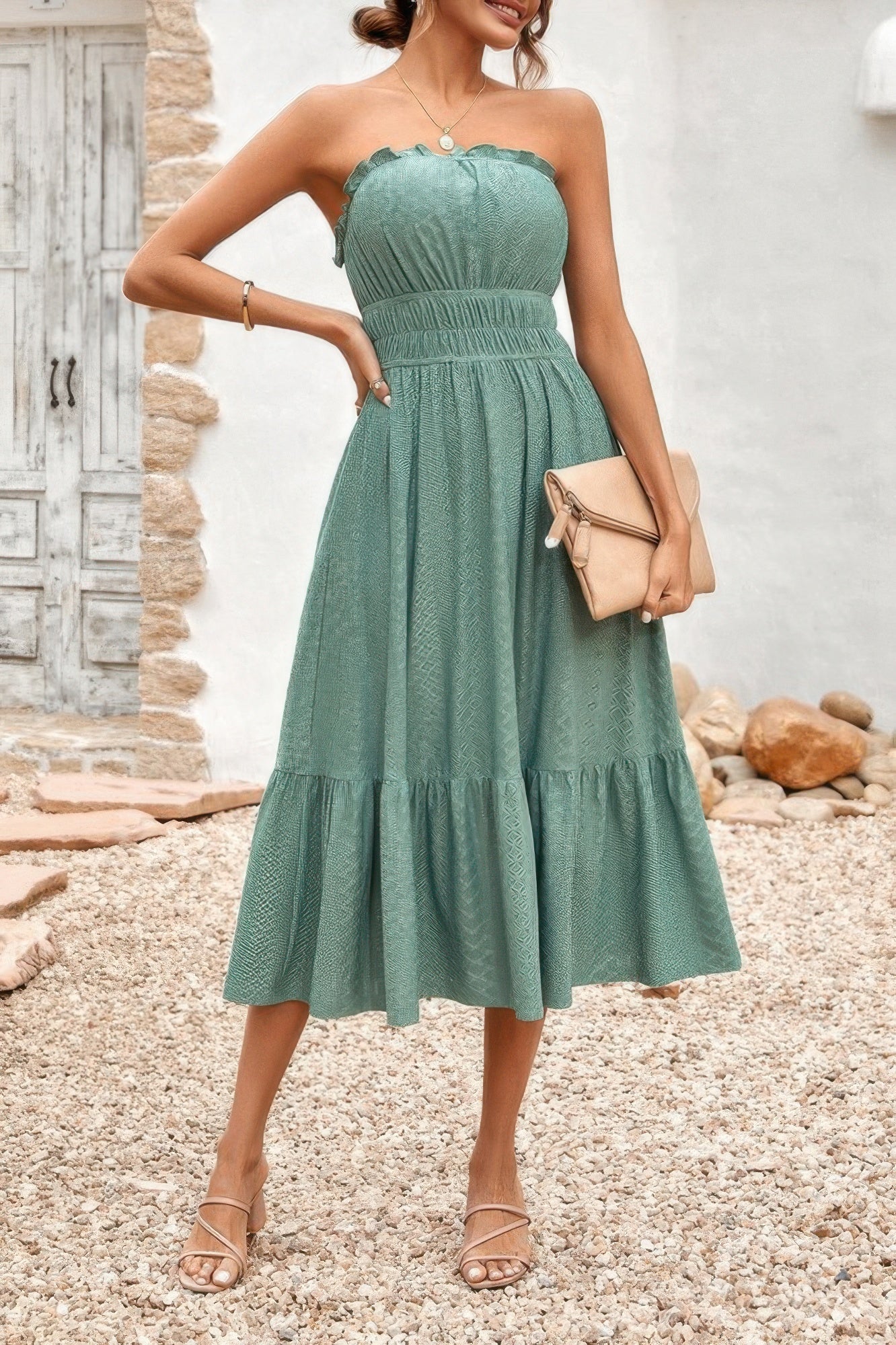 Solid Off Shoulder Elastic Waist Ruffle Dress