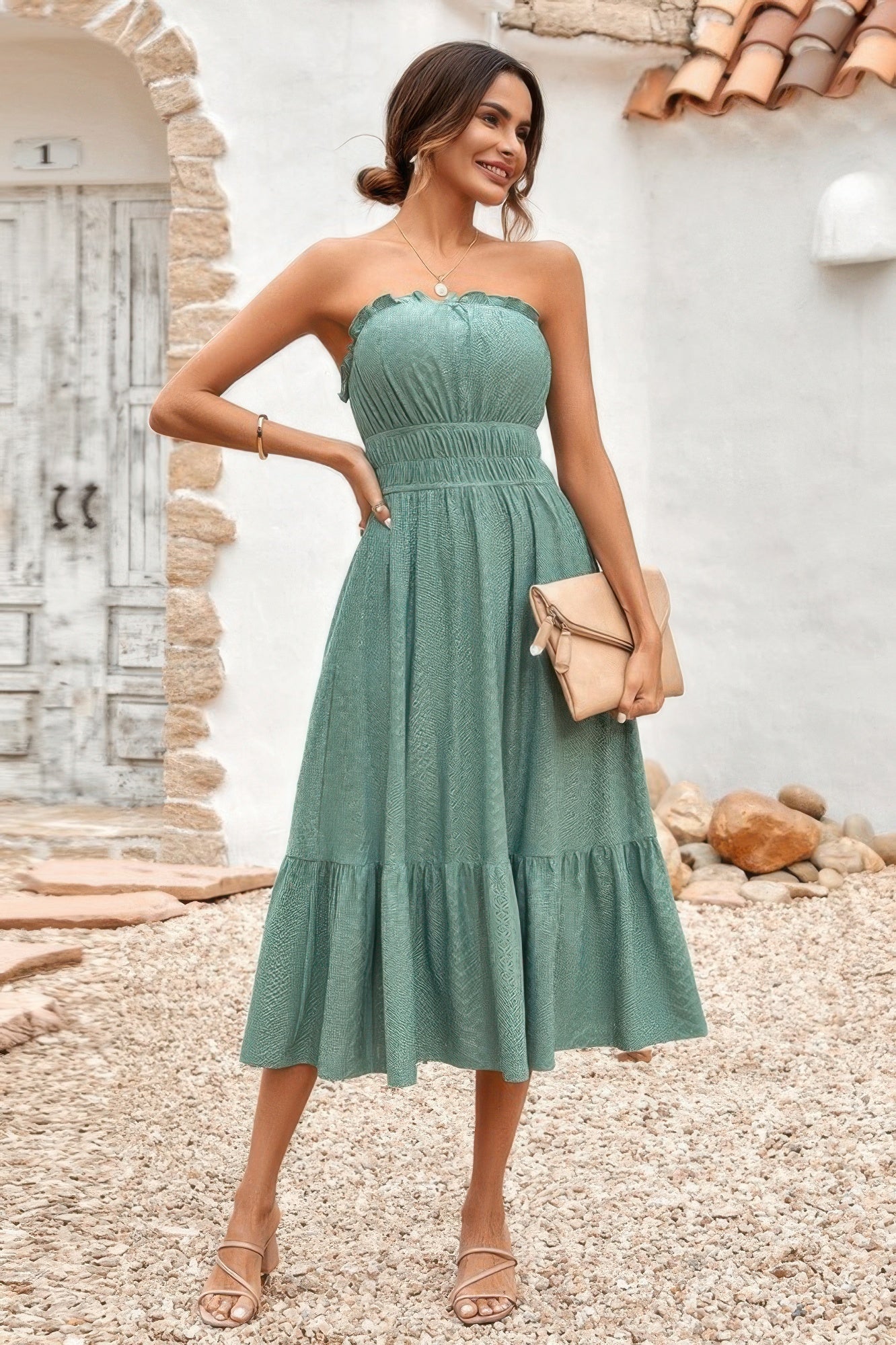 Solid Off Shoulder Elastic Waist Ruffle Dress