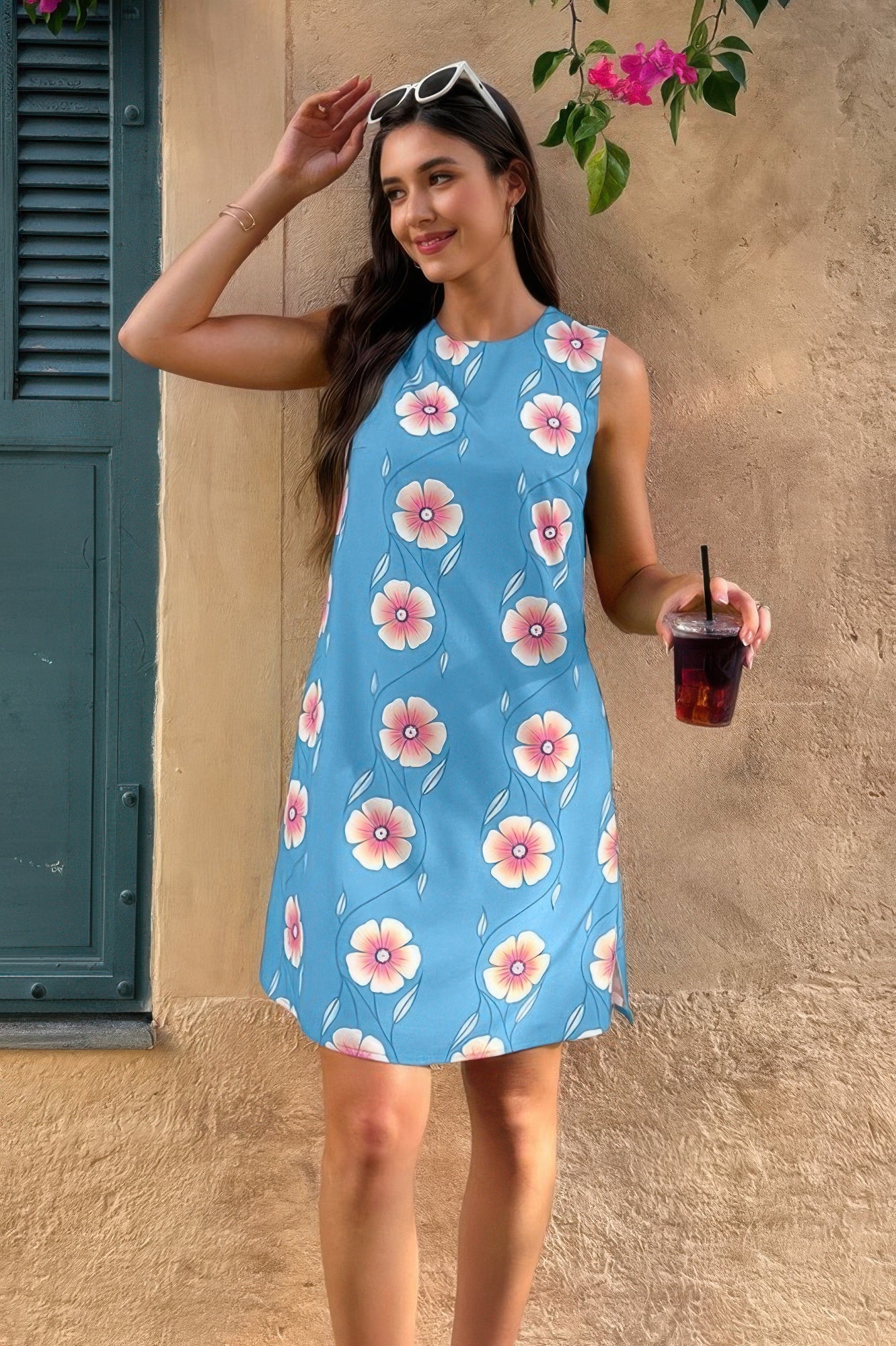 Round Neck Floral Print Sleeveless Loose Dress