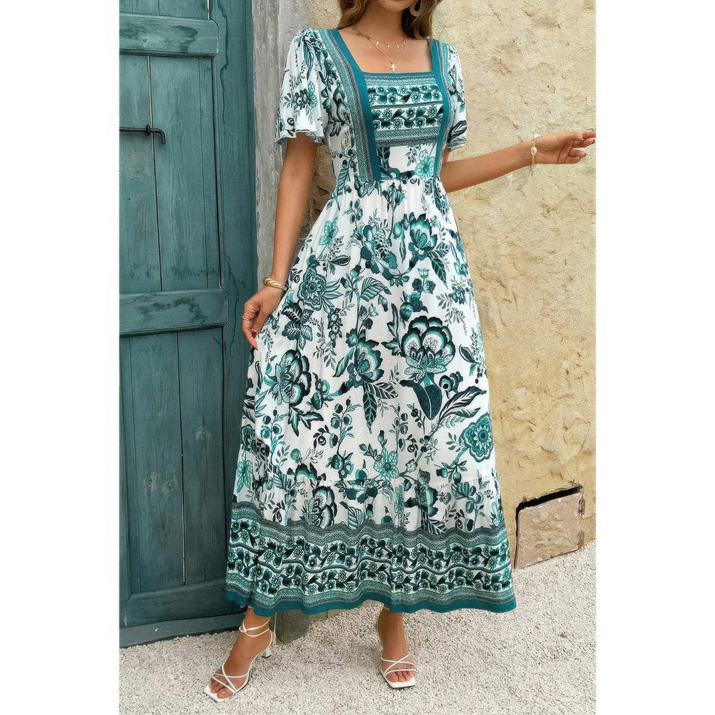 Square Neck Floral Printed Ankle Length A Line Dress