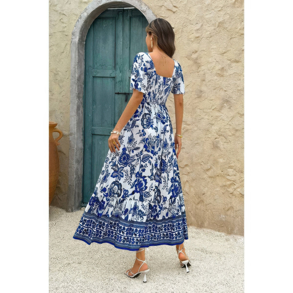 Square Neck Floral Printed Ankle Length A Line Dress