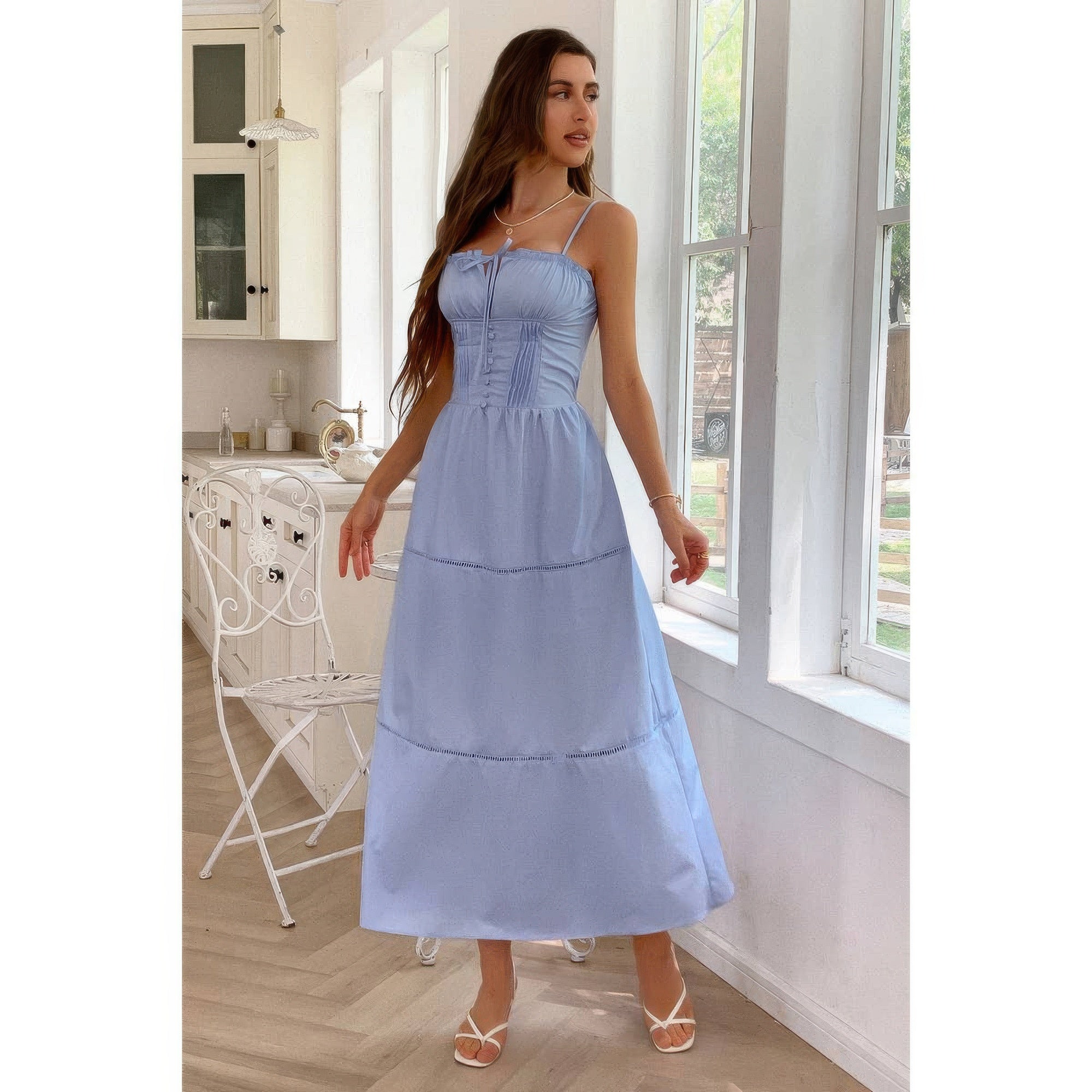 Solid Button Decor Pintuck Eyelet Shirred Dress