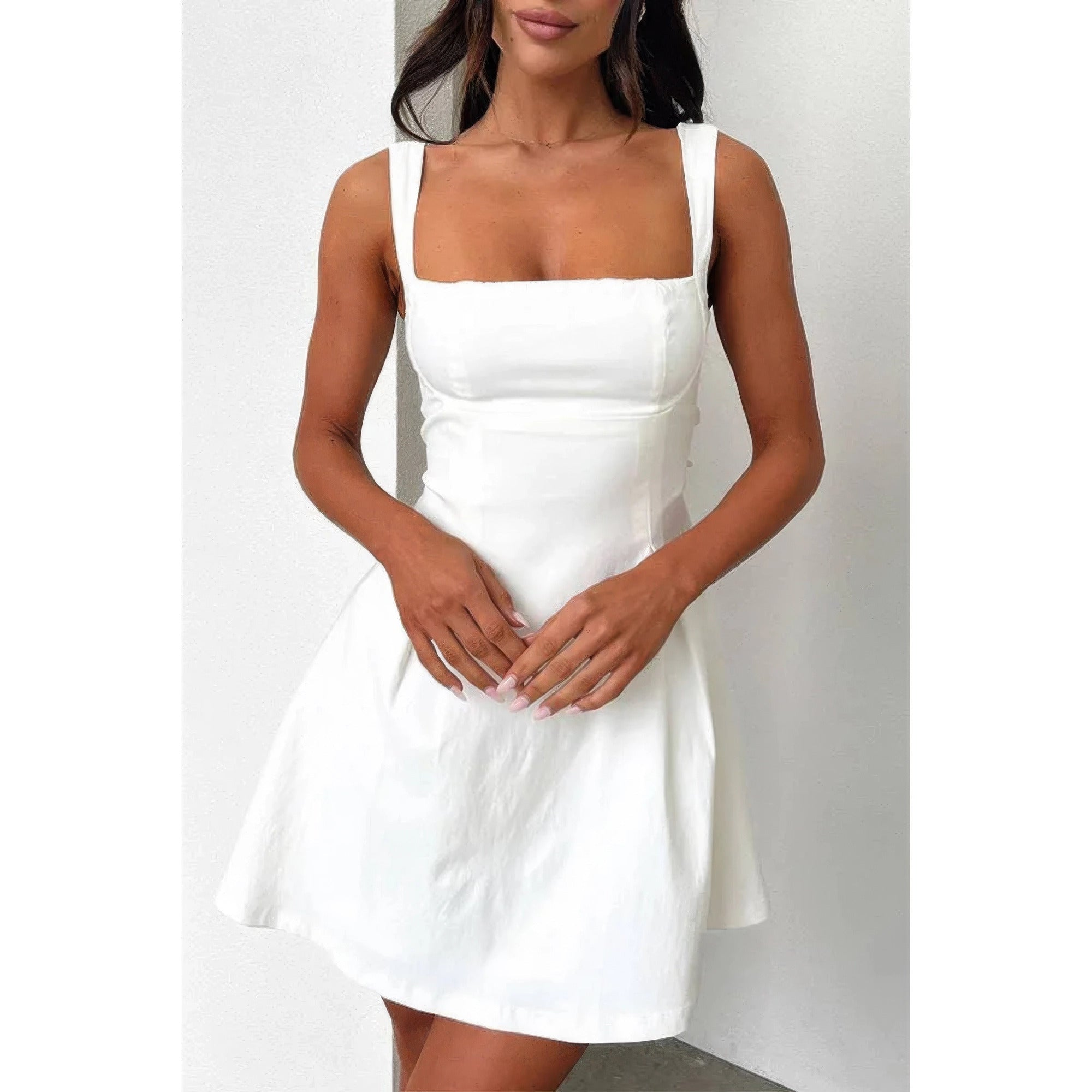 Solid Square Neck Fit Sleeveless Short Dress