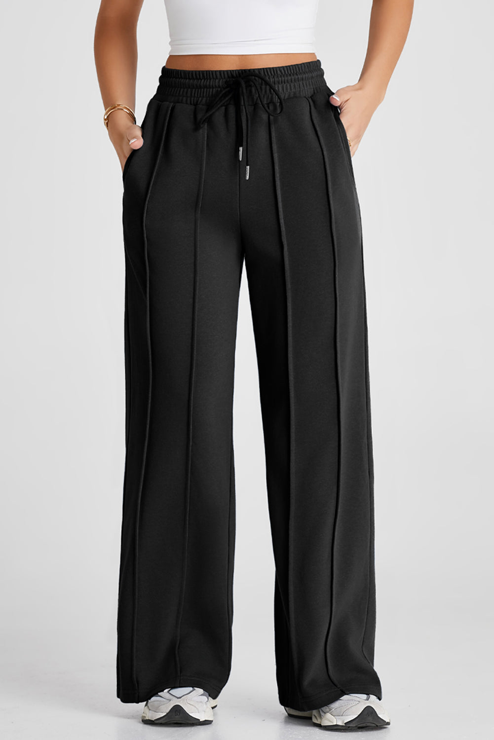 Solid Seam Drawstring Wide Leg Sweatpants by Pretty Bash