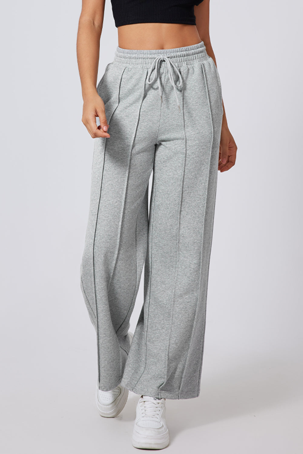 Solid Seam Drawstring Wide Leg Sweatpants by Pretty Bash